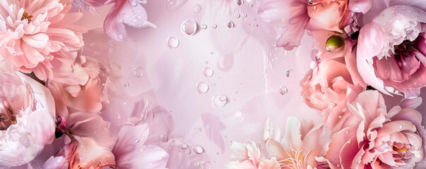 Pink flowers adorned with glistening water droplets in this close-up, reflecting light and highlighting nature's exquisite delicacy, from petals to moisture's shimmering dance. Banner. Copy space.