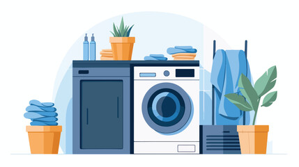 A laundry room with a modern washing machine and dr - obrazy, fototapety, plakaty