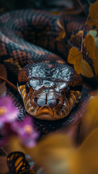AI Generated Image Portrait of the anaconda in nature surrounded by leaves and flowers