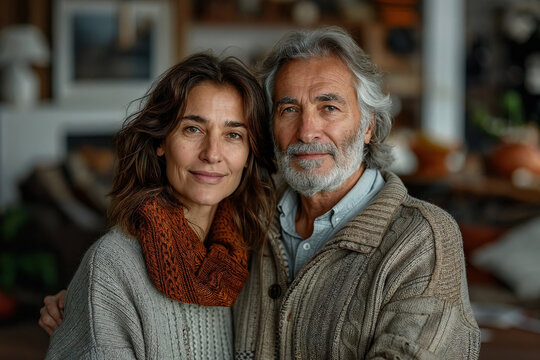 Mature couple sharing a loving embrace at home. Generative AI image