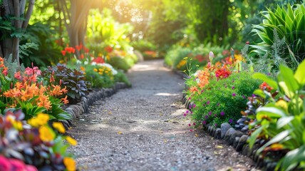 Fototapeta na wymiar A vibrant flower-lined garden path basked in sunlight