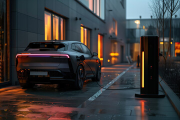 Modern electric car charging at a station at dusk. Generative AI image