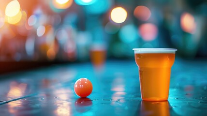 A classic beer pong setup with a bright orange ball beside a filled cup, under neon lights