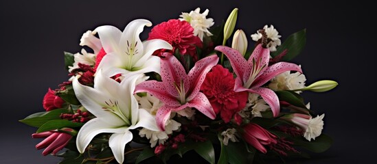 A striking bouquet of red and white flowers against a black background, perfect for special events and flower arranging. Includes terrestrial plants with vibrant petals, ideal as cut flowers