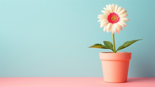 A solitary gerbera daisy in a peach pot against a blue and pink gradient