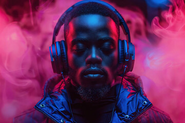 Intense portrait of man with headphones in neon light. Generative AI image