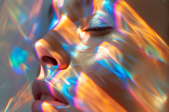 Close-up of a face illuminated by colorful light patterns. Generative AI image