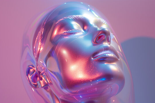 Futuristic metallic humanoid face in vibrant hues. Generative AI image