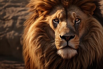 Close up portrait of big male lion staying on stones background. Concept of wild animals in natural...