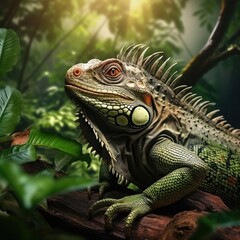 Obraz premium A green iguana sitting on a branch in the rainforest, jungle. Concept of wild animals in natural habitat.