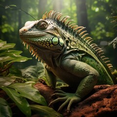 Obraz premium A green iguana sitting on a branch in the rainforest, jungle. Concept of wild animals in natural habitat.