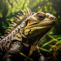 Fototapeta premium A green iguana sitting on a branch in the rainforest, jungle. Concept of wild animals in natural habitat.