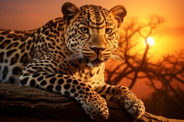 Close up portrait of a Leopard rest on at sunset savanna. Concept of wild animals in natural habitat.