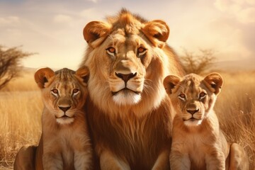 Portrait of a lion family of a male lion and two cubs on savanna background. Concept of wild animals in natural habitat.