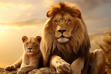 Portrait of a lion family of a male lion with his cub. Concept of wild animals in natural habitat.