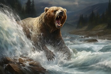 Fototapeta premium An aggressive wild brown bear (Ursus arctos) roars while standing in the rough waters of a mountain river. Concept of wild animals in natural habitat.