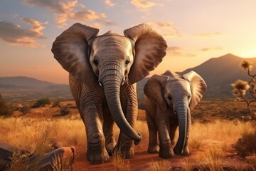 African Elephant with his baby are walking down the road on savanna background. Concept of wild animals in natural habitat.