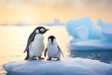 Two penguins adult and baby stand against the background of sunrise in Antarctic ice. Concept of wild animals in natural habitat.