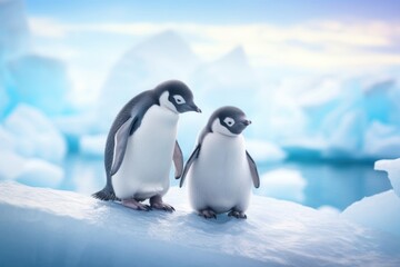 Two young penguins stand against the background of Antarctic ice. Concept of wild animals in natural habitat.