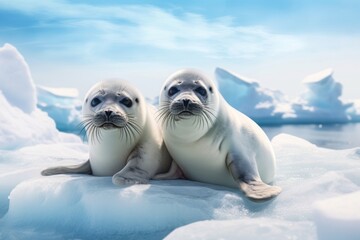 Cute two seals (Lobodon carcinophagus) on the Antarctic ice background. Concept of wild animals in natural habitat.