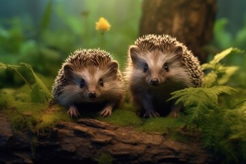 Close up portrait of two baby hedgehogs look out a fallen tree among grass and flowers. Concept of...