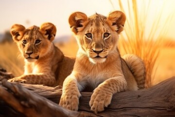 Fototapeta premium Two lion cubs on the background of the savanna at golden hour. Concept of wild animals in natural habitat.
