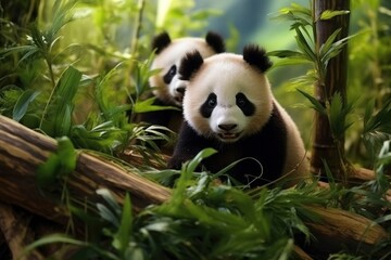Obraz premium Two panda (Ailuropoda melanoleuca) cubs eating bamboo in the natural habitat.