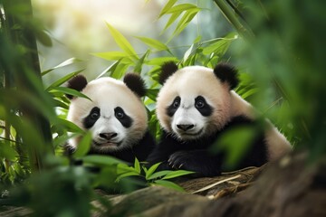 Two panda (Ailuropoda melanoleuca) cubs look out bamboo leaves the natural habitat.