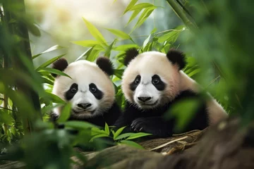 Foto op Plexiglas Two panda (Ailuropoda melanoleuca) cubs look out bamboo leaves the natural habitat. © Наиля Якубова