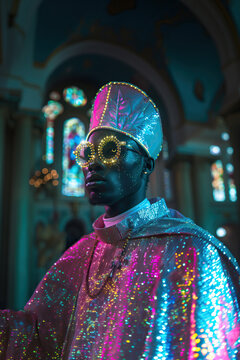 Surrealist cleric figure in vibrant church setting. Generative AI image