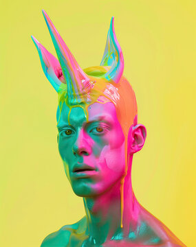 Surreal religious portrait with colorful body paint. Generative AI image