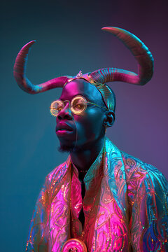 Surreal Deity with Horns Portrait. Generative AI