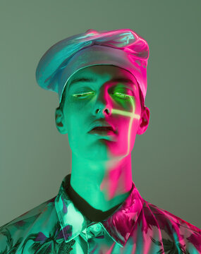 Surrealist religious portrait with vibrant neon colors. Generative AI image