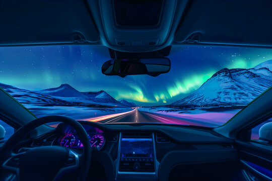 Aurora Borealis viewed from inside a car on a winter road Generative AI image