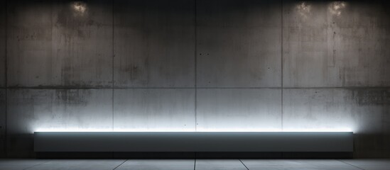 An empty room with a concrete rectangle wall featuring a grey automotive lighting design. The light illuminates a pattern of tints and shades, creating symmetry in the automotive exterior font