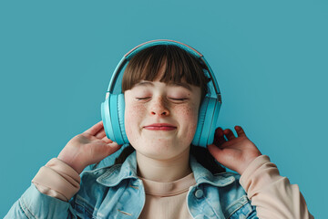 Content young girl with closed eyes feeling the music through teal headphones, set against a blue backdrop . Generative AI"