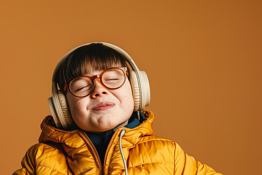 A child in a puffer jacket with closed eyes smiles while enjoying music through large headphones . Generative AI