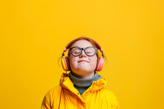 A joyful child in a yellow jacket enjoys music with eyes closed and a content smile on a bright background . Generative AI