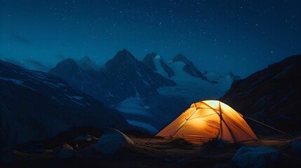 Illuminated Tent in Mountain Range at Night, solitude, adventure, wilderness, camping