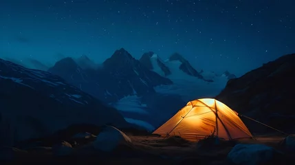 Selbstklebende Fototapeten Illuminated Tent in Mountain Range at Night, solitude, adventure, wilderness, camping © asura