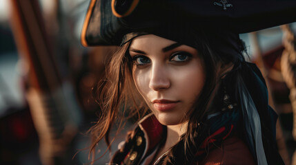 Pirate Woman with Hat on Ship