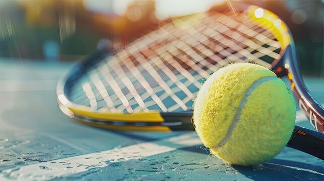 tennis courts, racket and ball close-up