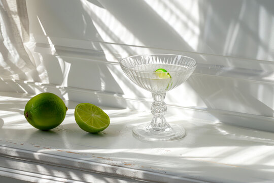 Elegant margarita cocktail glass with lime on a sunny windowsill, Generative AI image