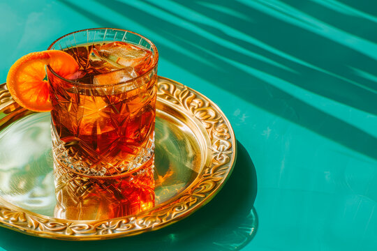 Elegant iced Negroni cocktail on a golden saucer with shadows Generative AI image