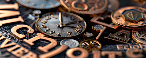 A close-up collection of clocks, each heralding a unique size and design, stands as a mosaic of time's relentless passage and diversity. Banner. Copy space. - obrazy, fototapety, plakaty