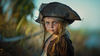 Pirate Child with Hat on Ship with Serious Expression