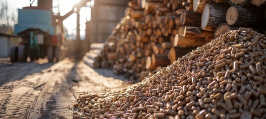 Stack of biomass wood pellets and woodpile on blurred background with copy space - obrazy, fototapety, plakaty