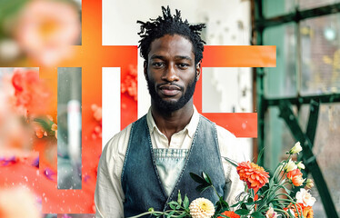 Black Man Holding Bouquet of Flowers in Front of Cross. Generative AI