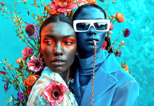 Two Black women with sunglasses and a snake in their mouths. Generative AI
