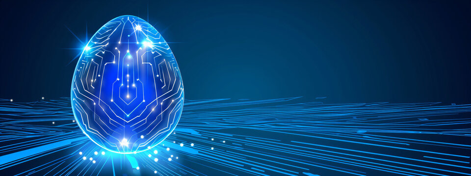 Easter egg in tech futuristic style. Abstract 3d neon glowing egg with circuit board texture. Illustration for greeting card, banner, poster